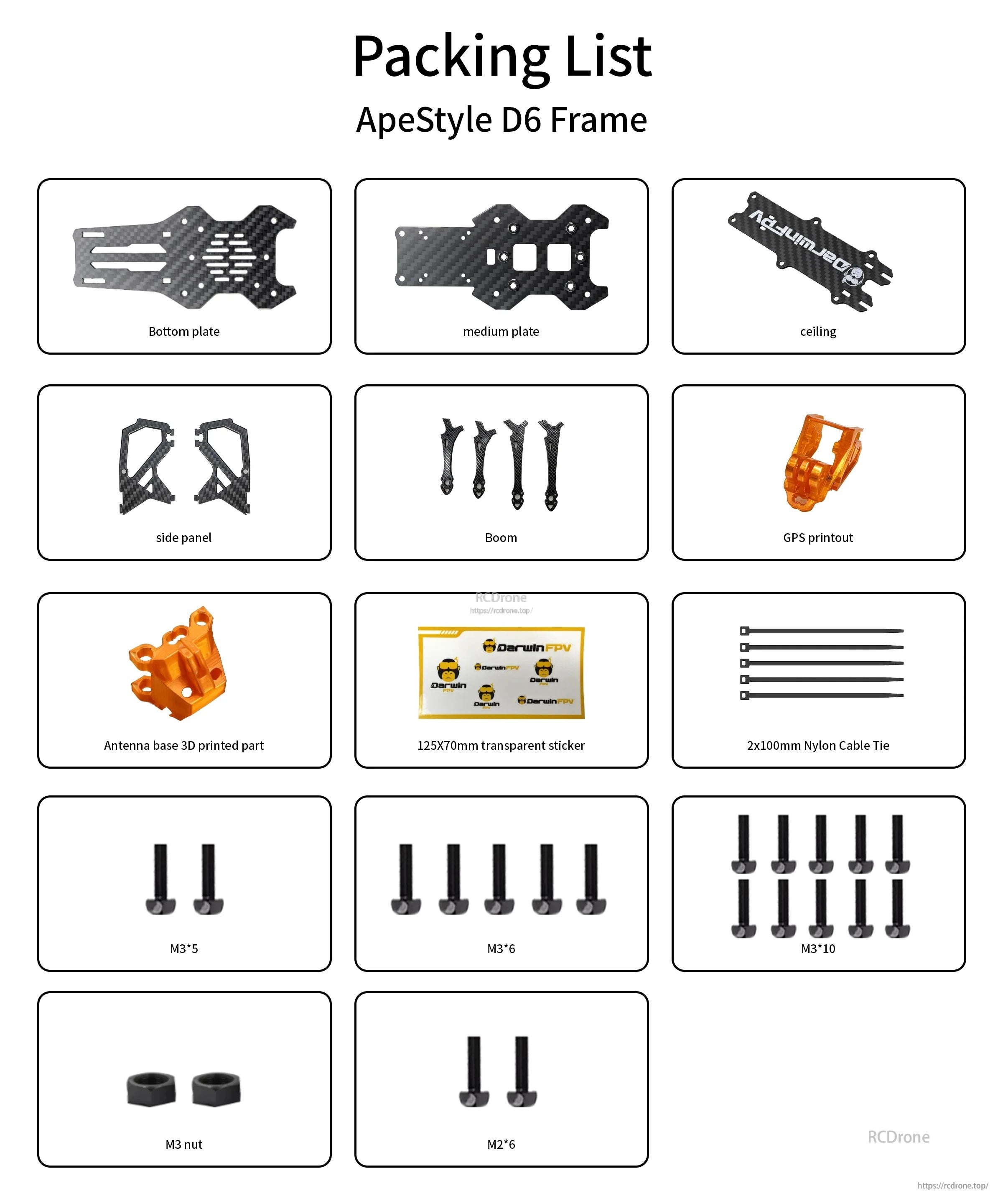DarwinFPV ApeStyle D6 frame kit packing list showing plates, arms, TPU parts, screws, sticker and cable ties