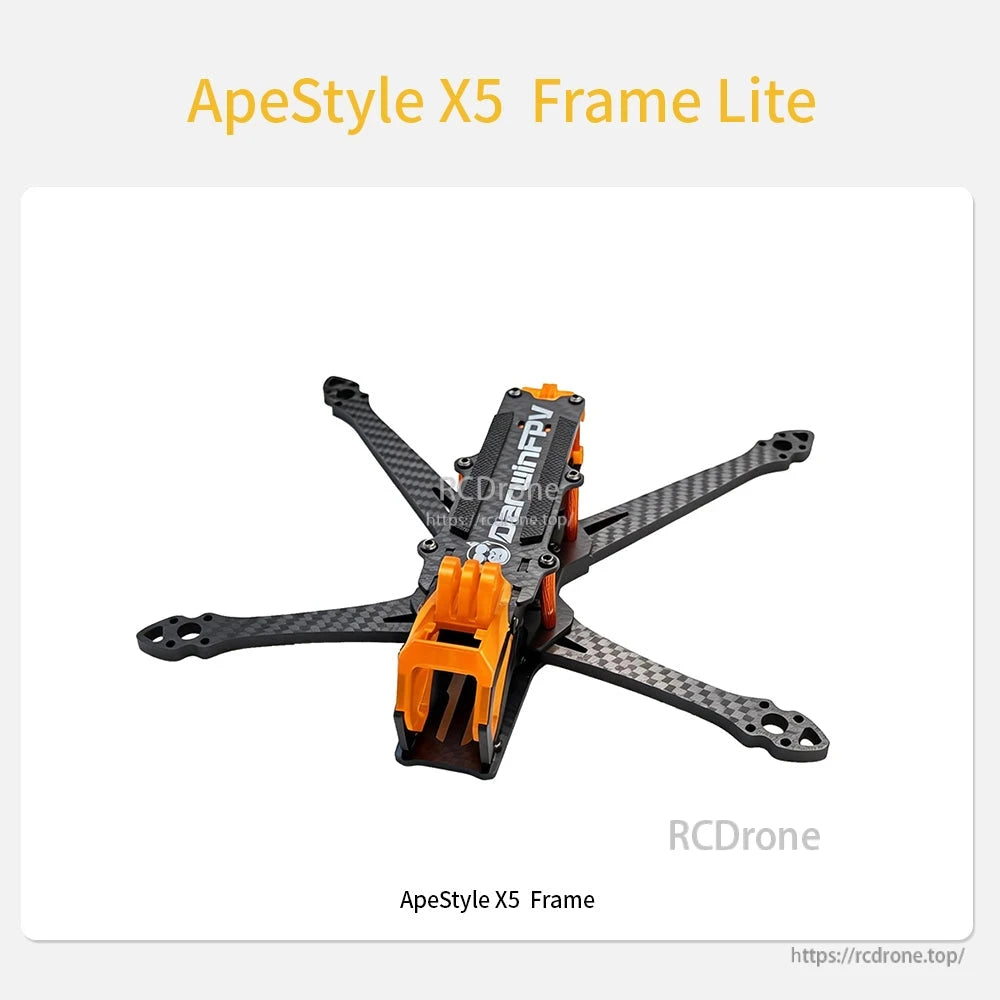 DarwinFPV ApeStyle X5 Frame Lite 5-inch quadcopter frame with carbon fiber arms and orange camera mount