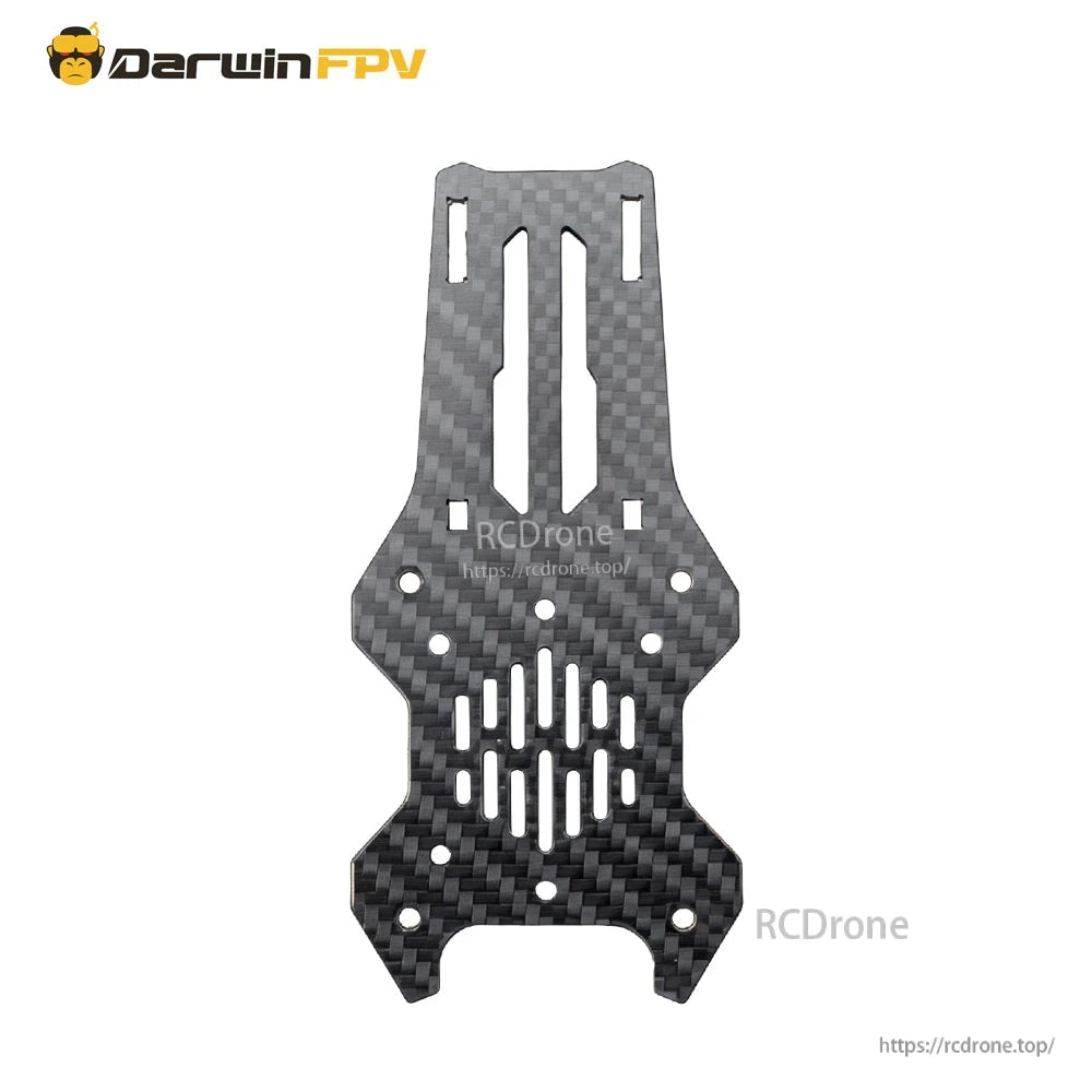 Carbon fiber main plate with cutouts and mounting holes for FPV drone frame build
