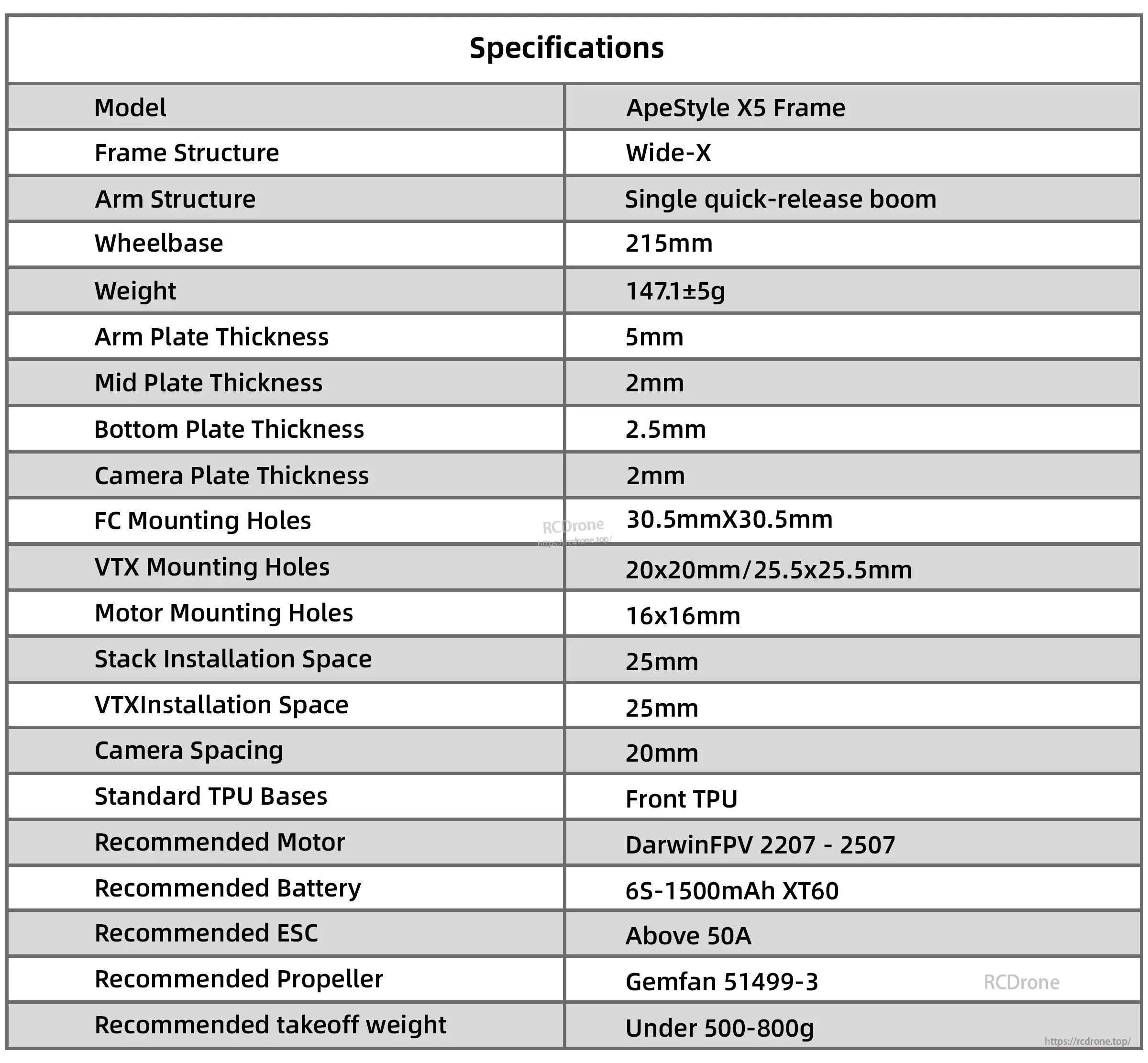 DarwinFPV ApeStyle X5 frame specifications table: 215mm wheelbase, 5mm arms, 30.5x30.5 FC mount and more