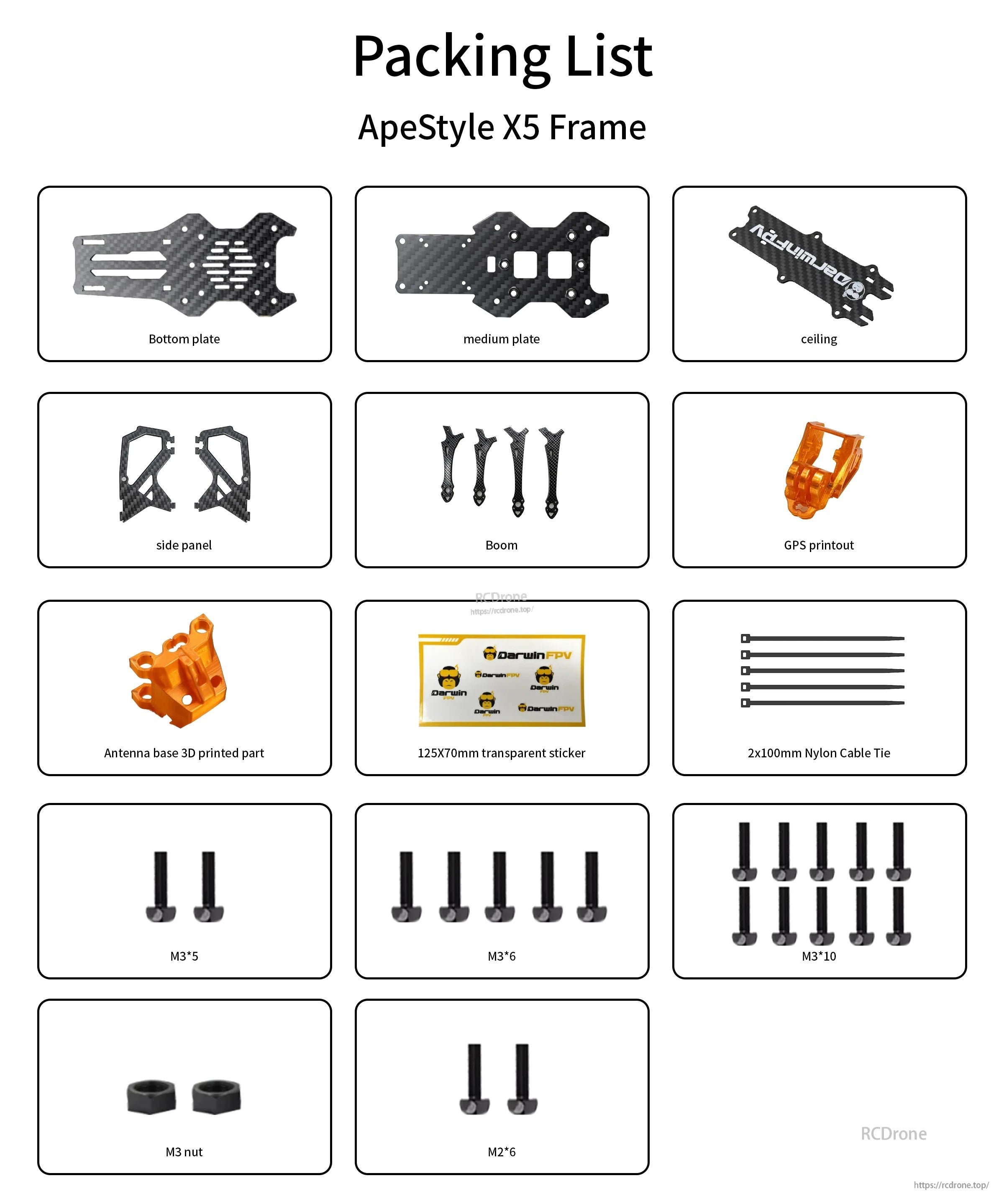 Packing list for DarwinFPV ApeStyle X5 frame kit with plates, four arms, TPU prints, hardware and accessories