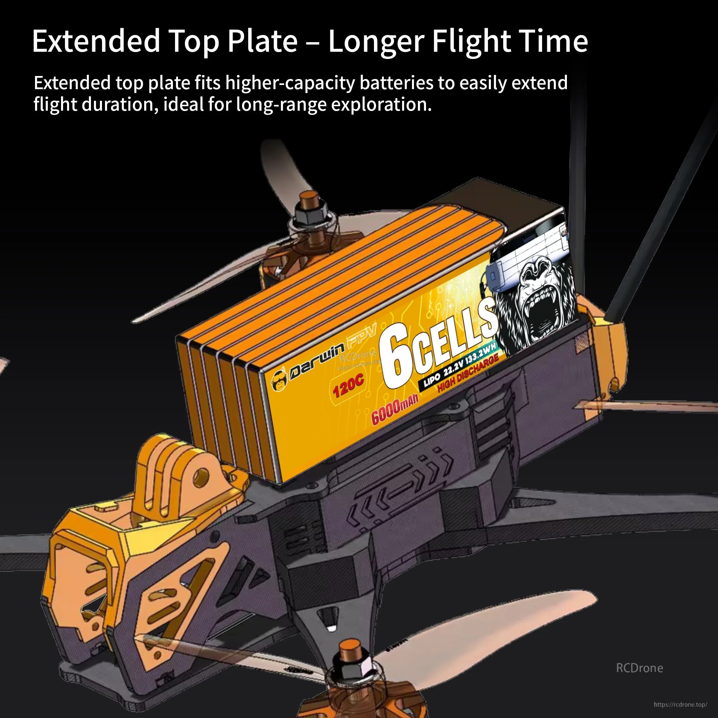 Extended top plate concept on ApeStyle frame allowing larger battery mounting area for longer flight builds