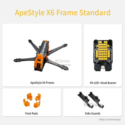 DarwinFPV ApeStyle X6 FPV drone frame kit contents with carbon frame, 49-LED dual buzzer, foot pads and side guards