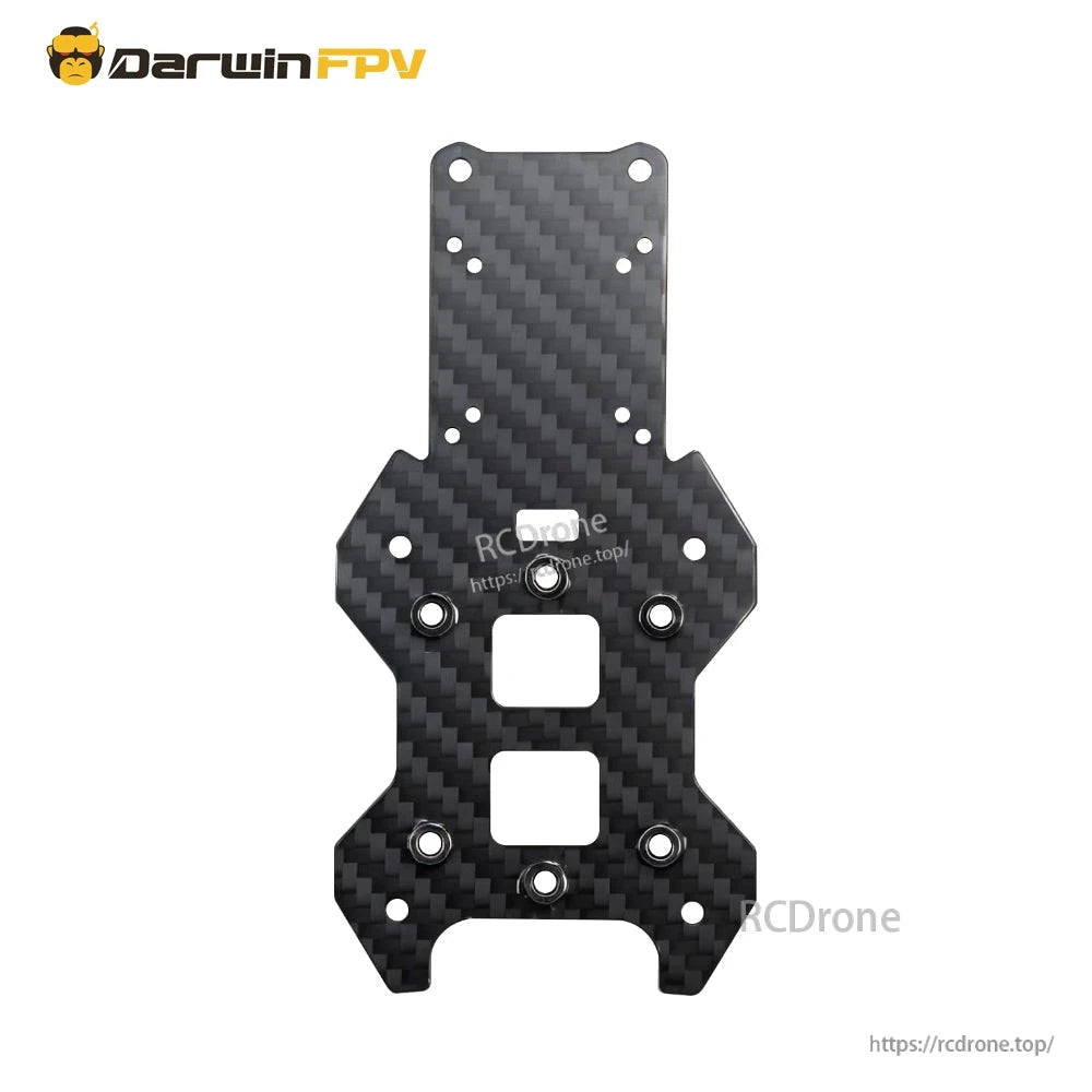 Carbon fiber main center plate with mounting holes and square cutouts for FPV stack and wiring