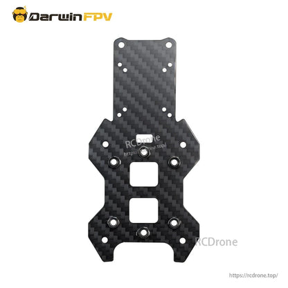 Carbon fiber main center plate with mounting holes and square cutouts for FPV stack and wiring