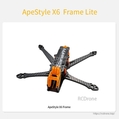 ApeStyle X6 Frame Lite product graphic showing assembled carbon fiber frame with orange camera cage