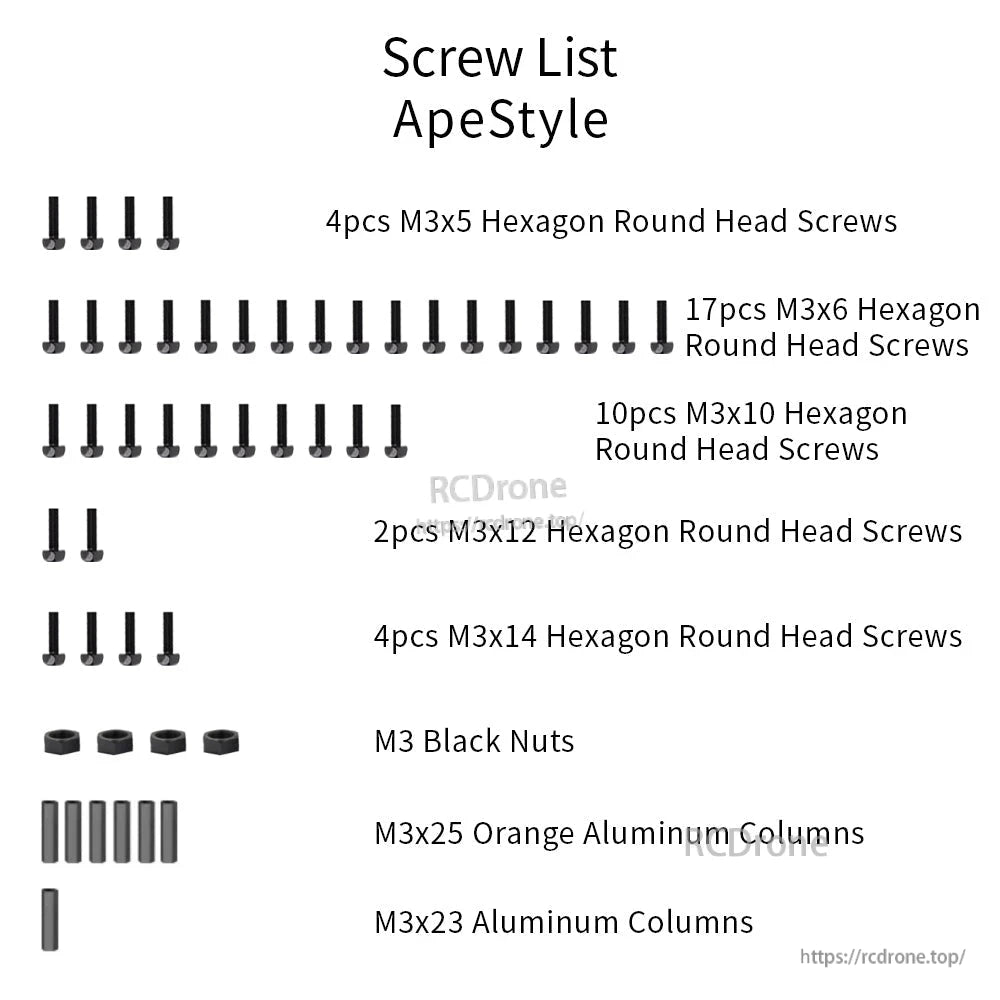 ApeStyle screw list graphic showing included M3 screws, nuts, and aluminum standoffs by size