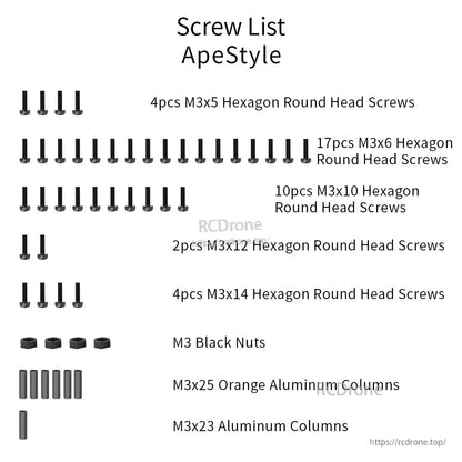 ApeStyle screw list graphic showing included M3 screws, nuts, and aluminum standoffs by size