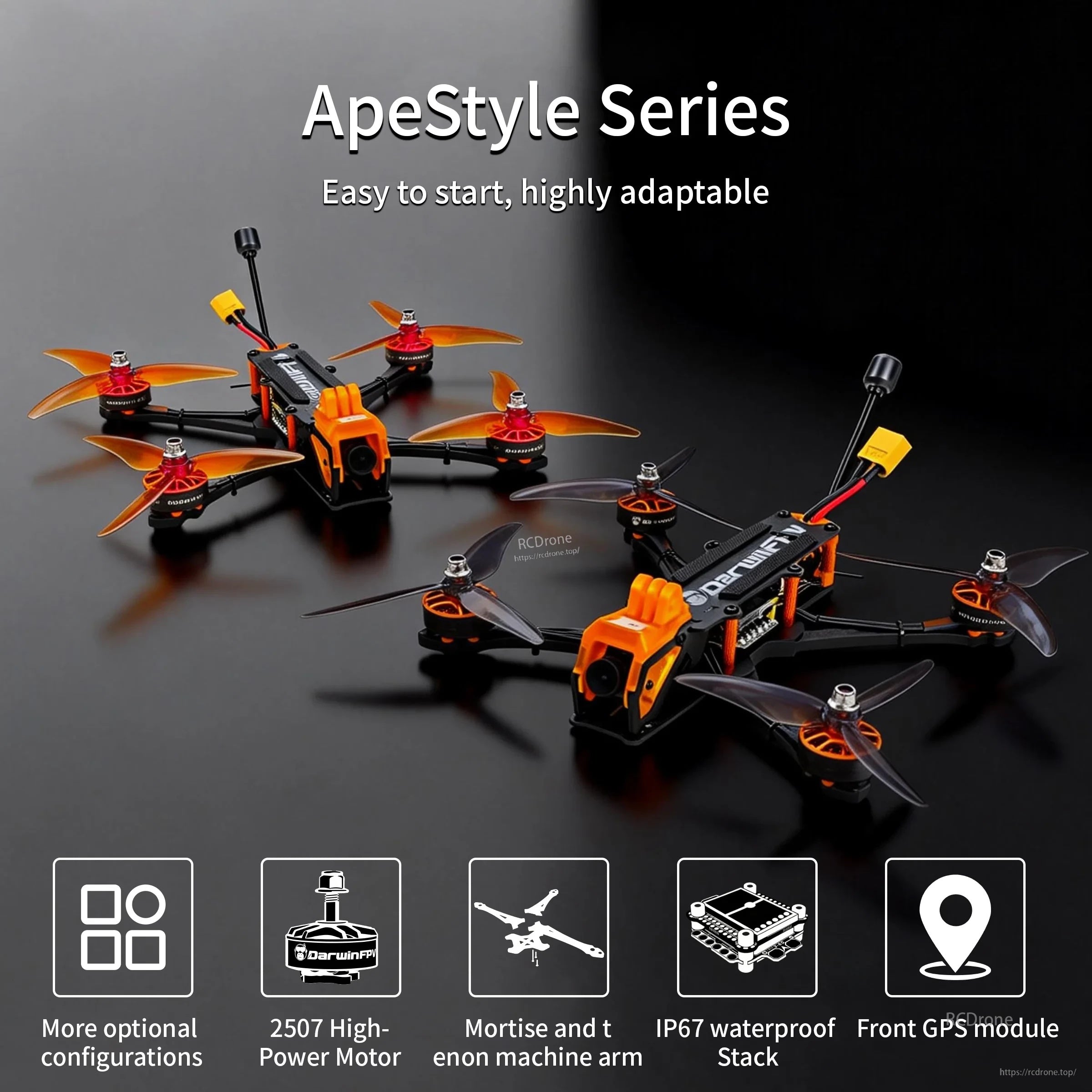 DarwinFPV ApeStyle X6 FPV drone frame kit on Wide-X layout, freestyle build with orange TPU parts