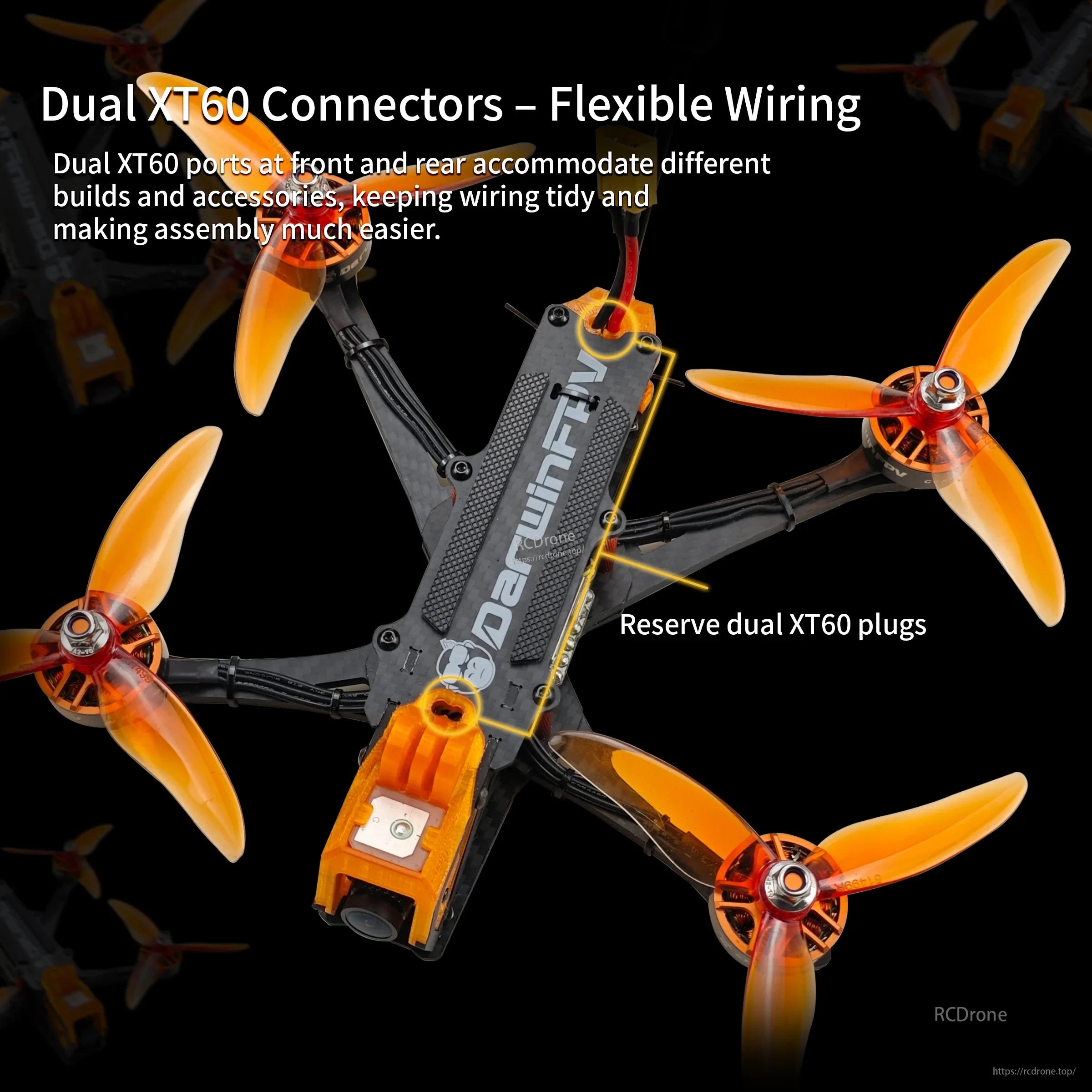 Dual XT60 connector layout on ApeStyle X6 frame, with front and rear wiring positions highlighted