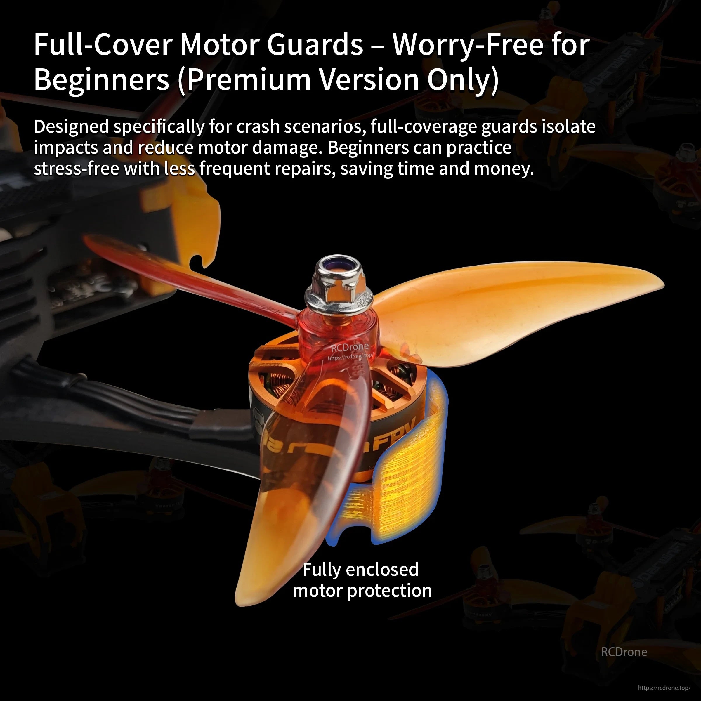 Close-up of full-cover motor guard on ApeStyle X6 Premium frame, enclosing motor area around the prop hub
