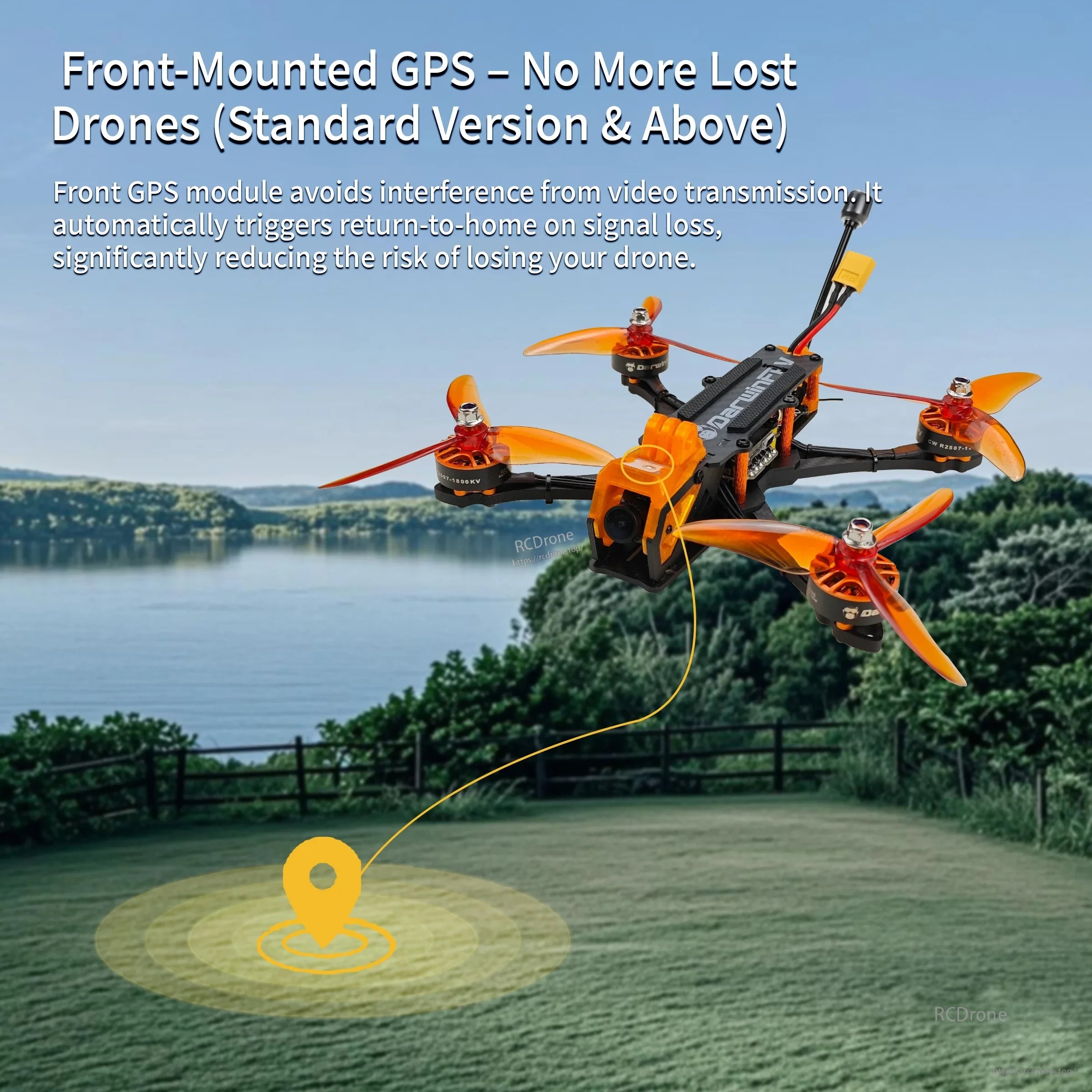 Front-mounted GPS position concept on ApeStyle X6 FPV drone frame, highlighting forward GPS mounting area
