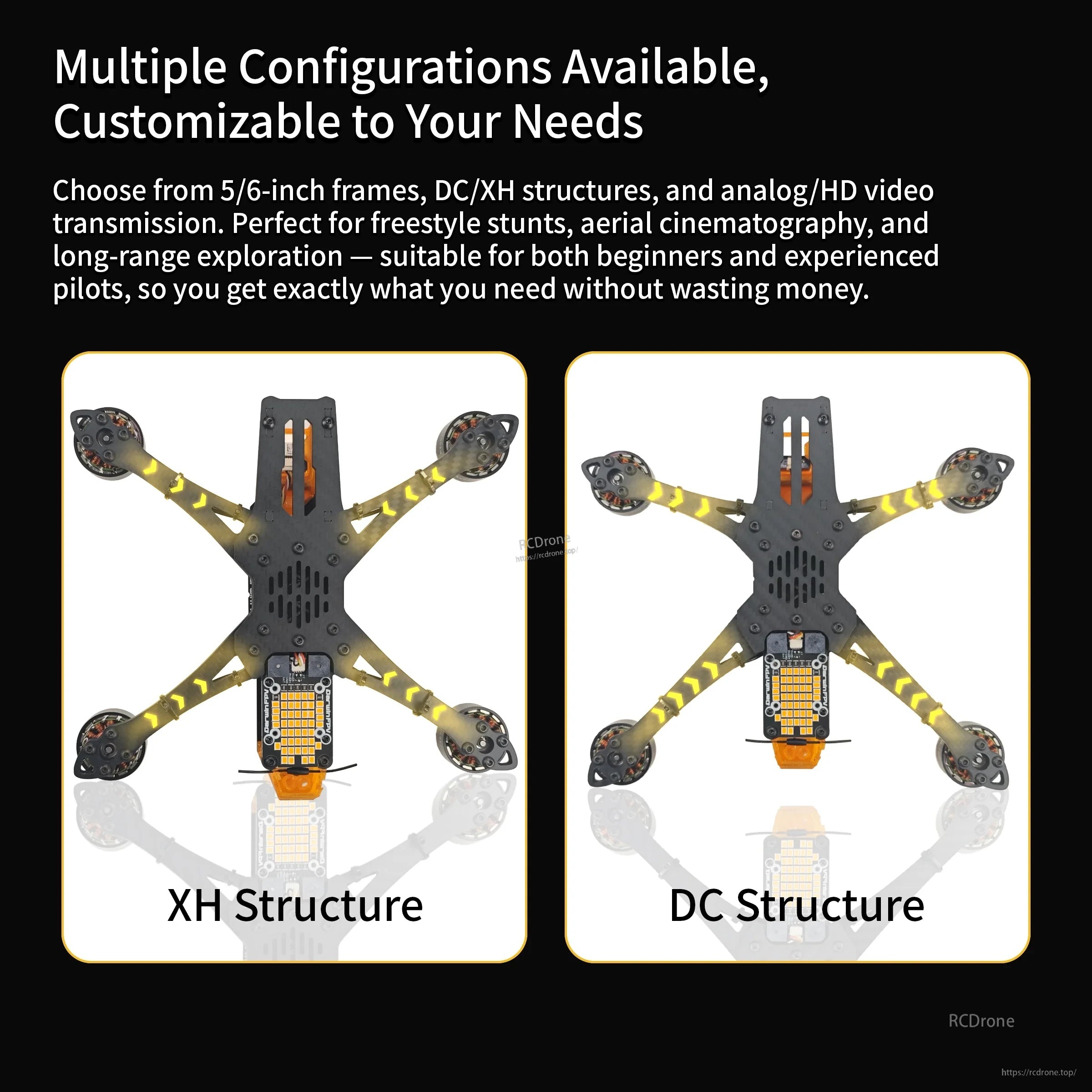 ApeStyle X6 frame configuration options showing XH structure vs DC structure layouts for 5/6-inch builds