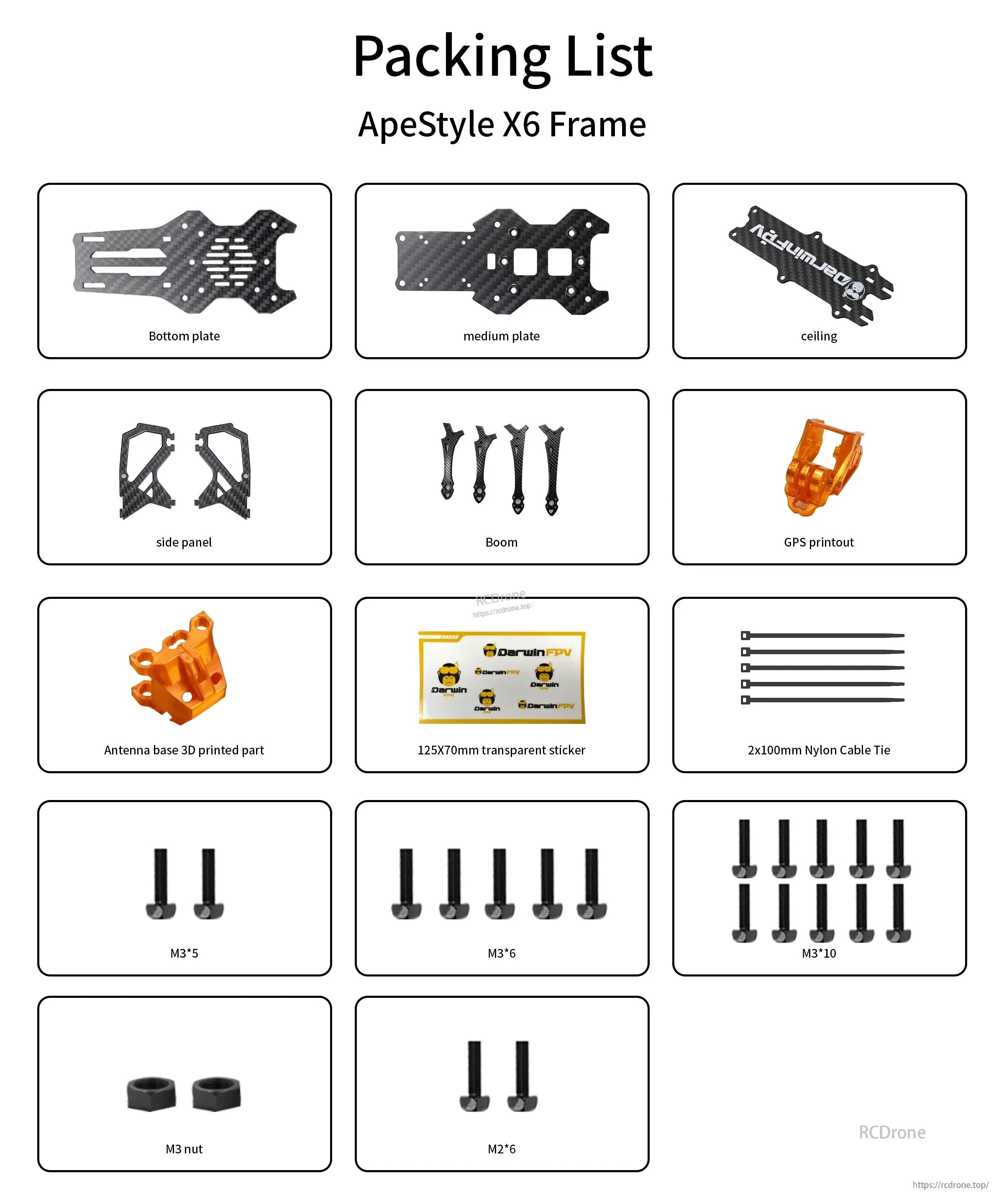 ApeStyle X6 frame kit packing list showing plates, booms, side panels, printed parts, stickers, ties, and screws