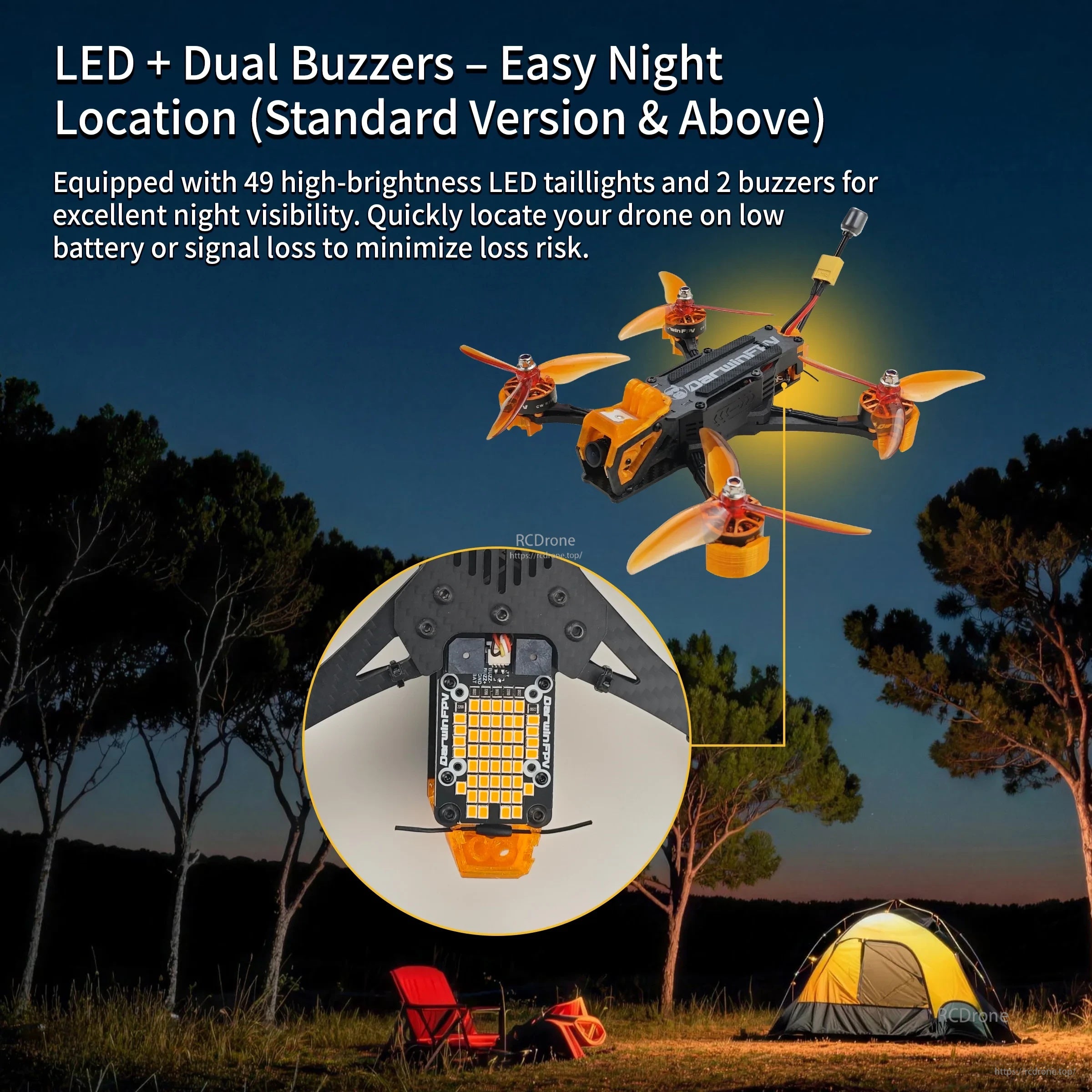 LED tail light board and dual buzzer concept for ApeStyle X6 frame, for easier night location and recovery