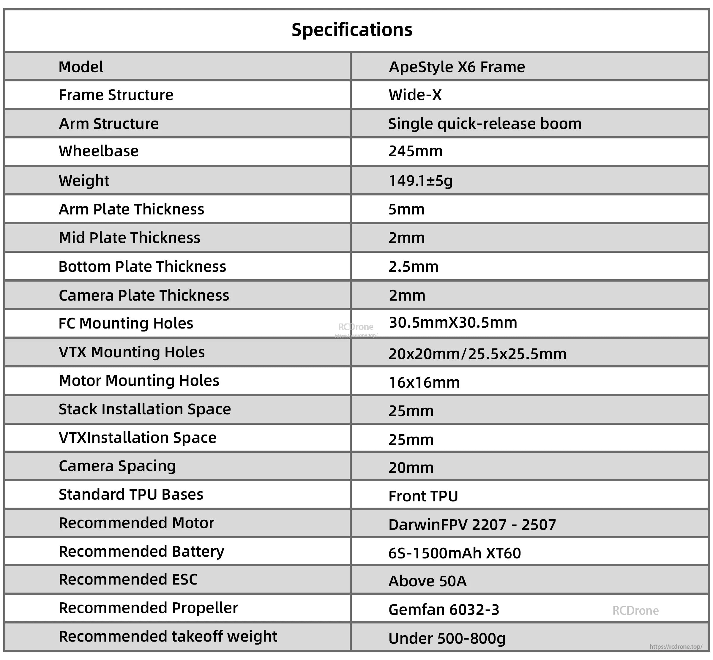 ApeStyle X6 frame specifications table listing 245mm wheelbase, 5mm arms, 30.5x30.5 FC mount, and 20mm camera spacing