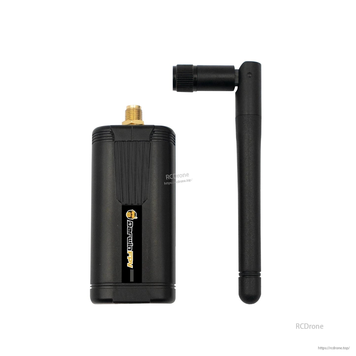 Black radio module with screw-on antenna shown side by side on white background