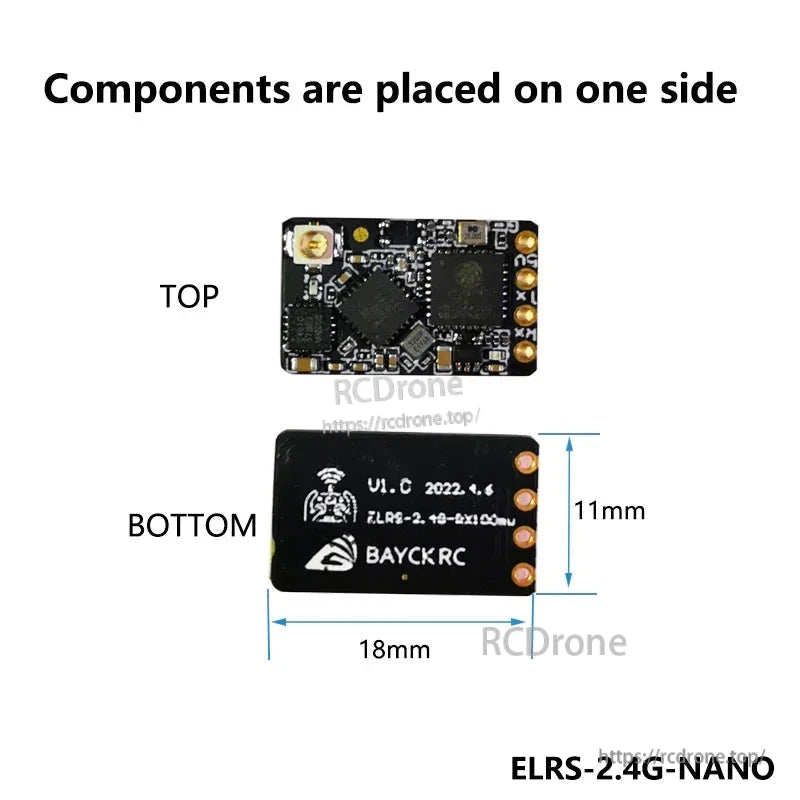 Top and bottom view of BAYCKRC receiver showing components on one side and 18mm x 11mm PCB size