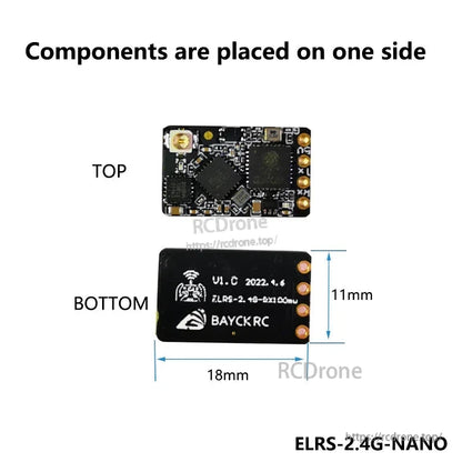 Top and bottom view of BAYCKRC receiver showing components on one side and 18mm x 11mm PCB size