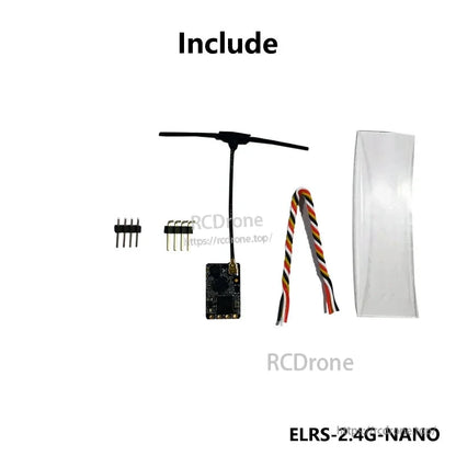 Package contents layout: ELRS 2.4G nano receiver, antenna, wire lead, pin headers, and heatshrink