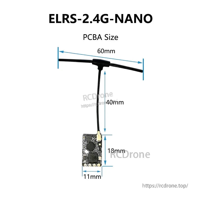 ELRS-2.4G-NANO size diagram showing antenna and receiver PCB measurements (60mm, 40mm, 18mm, 11mm)