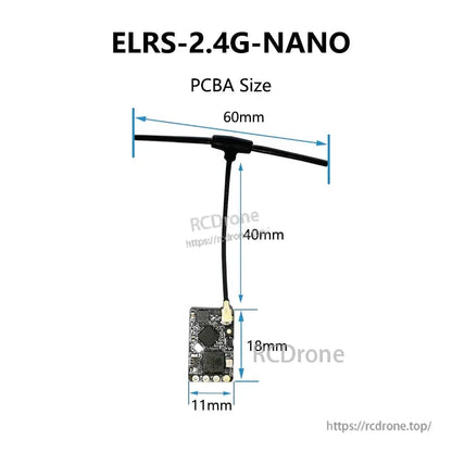 ELRS-2.4G-NANO size diagram showing antenna and receiver PCB measurements (60mm, 40mm, 18mm, 11mm)
