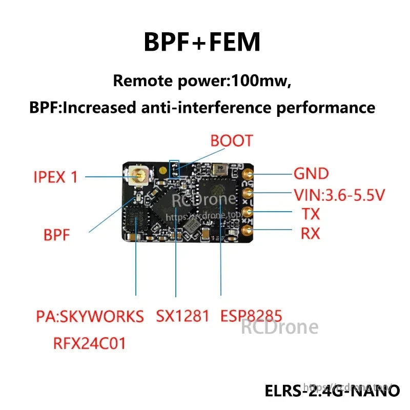 Receiver pinout diagram labeling BOOT, GND, VIN 3.6–5.5V, TX, RX, and IPEX1 antenna port