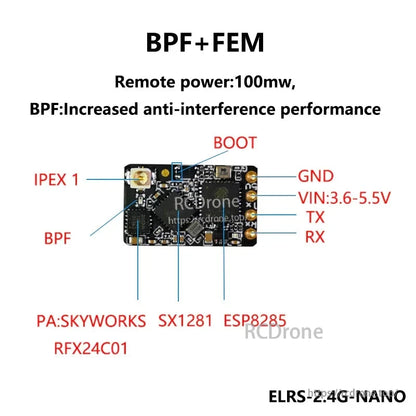 Receiver pinout diagram labeling BOOT, GND, VIN 3.6–5.5V, TX, RX, and IPEX1 antenna port