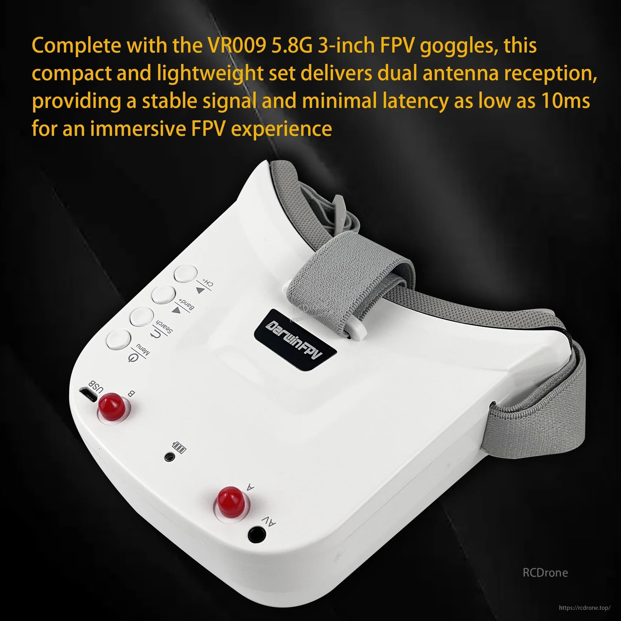 VR009 5.8G 3-inch FPV goggles in white with head strap and control buttons for the DarwinFPV kit