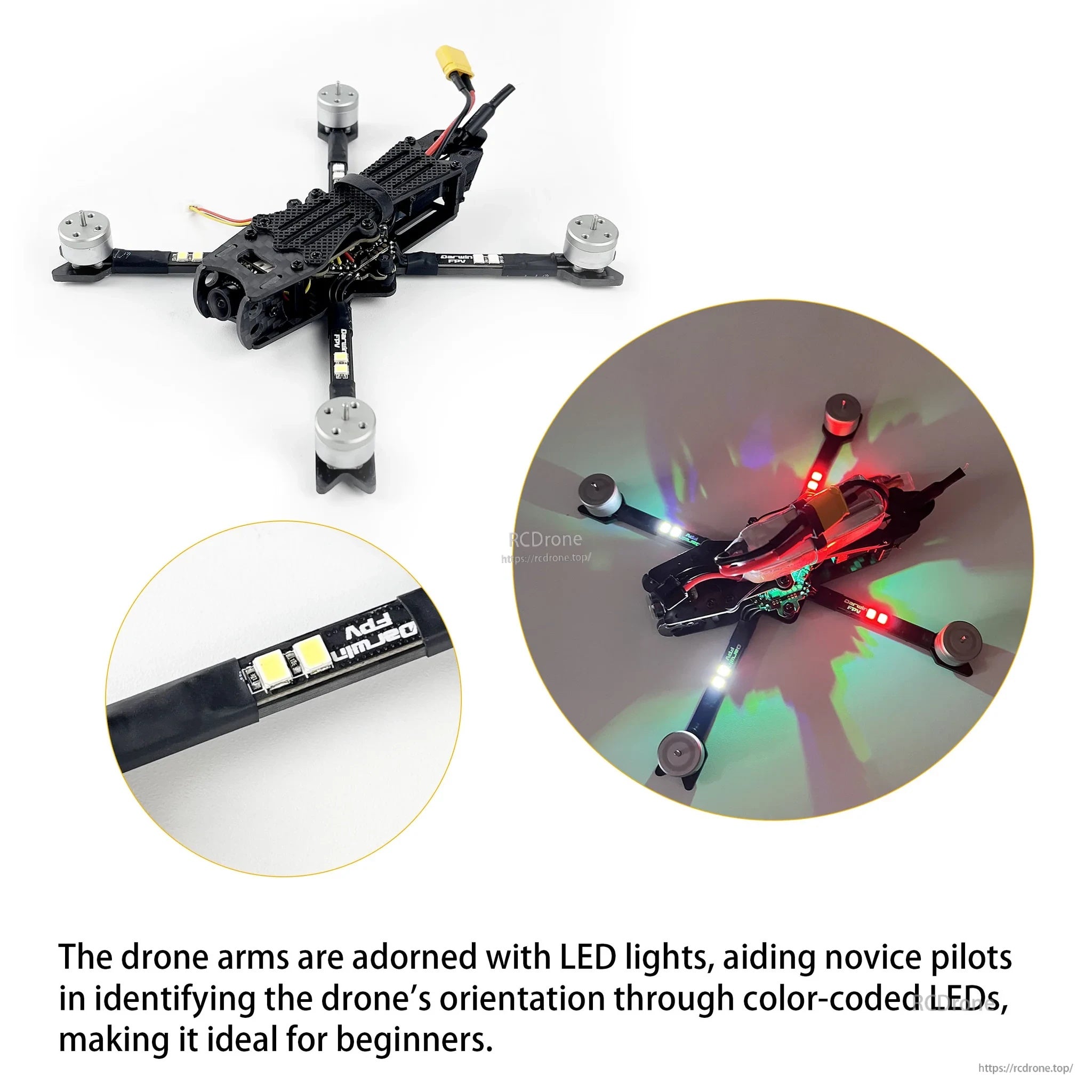 Close-up of BabyApe frame showing arm LED strips and multicolor lighting for easier orientation while flying