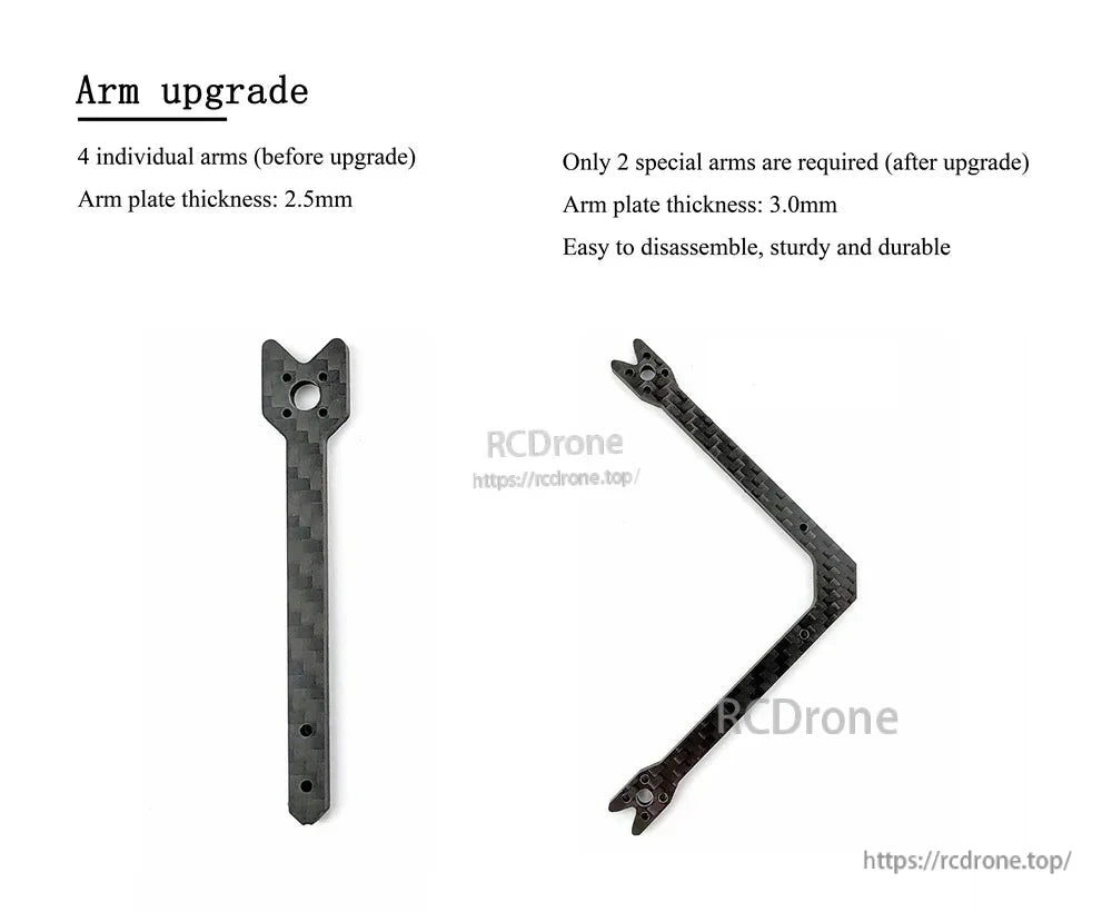 Arm upgrade chart comparing standard vs upgraded arm design; plate thickness 2.5mm vs 3.0mm