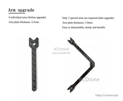 Arm upgrade chart comparing standard vs upgraded arm design; plate thickness 2.5mm vs 3.0mm
