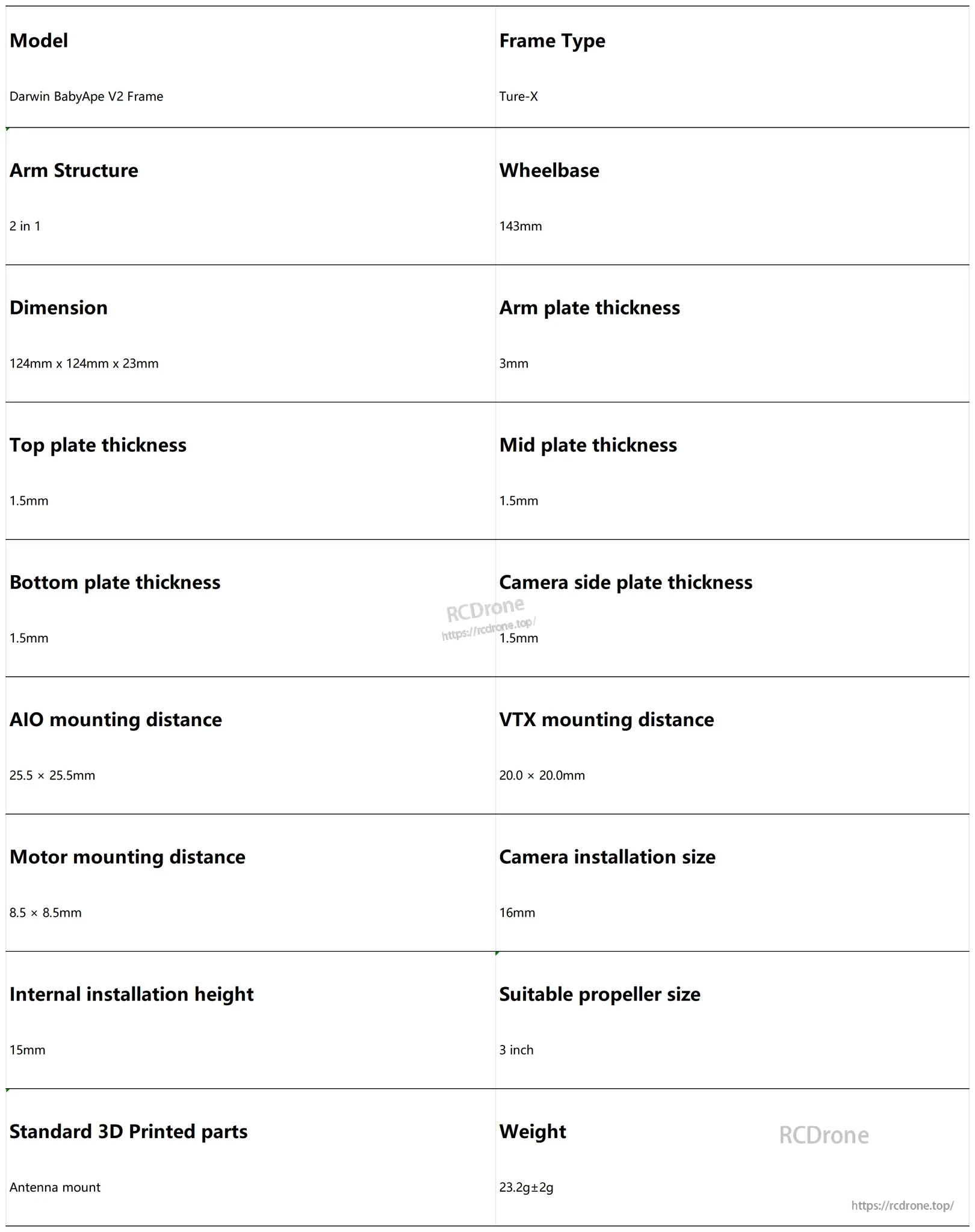 DarwinFPV BabyApe V2 frame specifications table with wheelbase, plate thicknesses, mounting distances, and weight