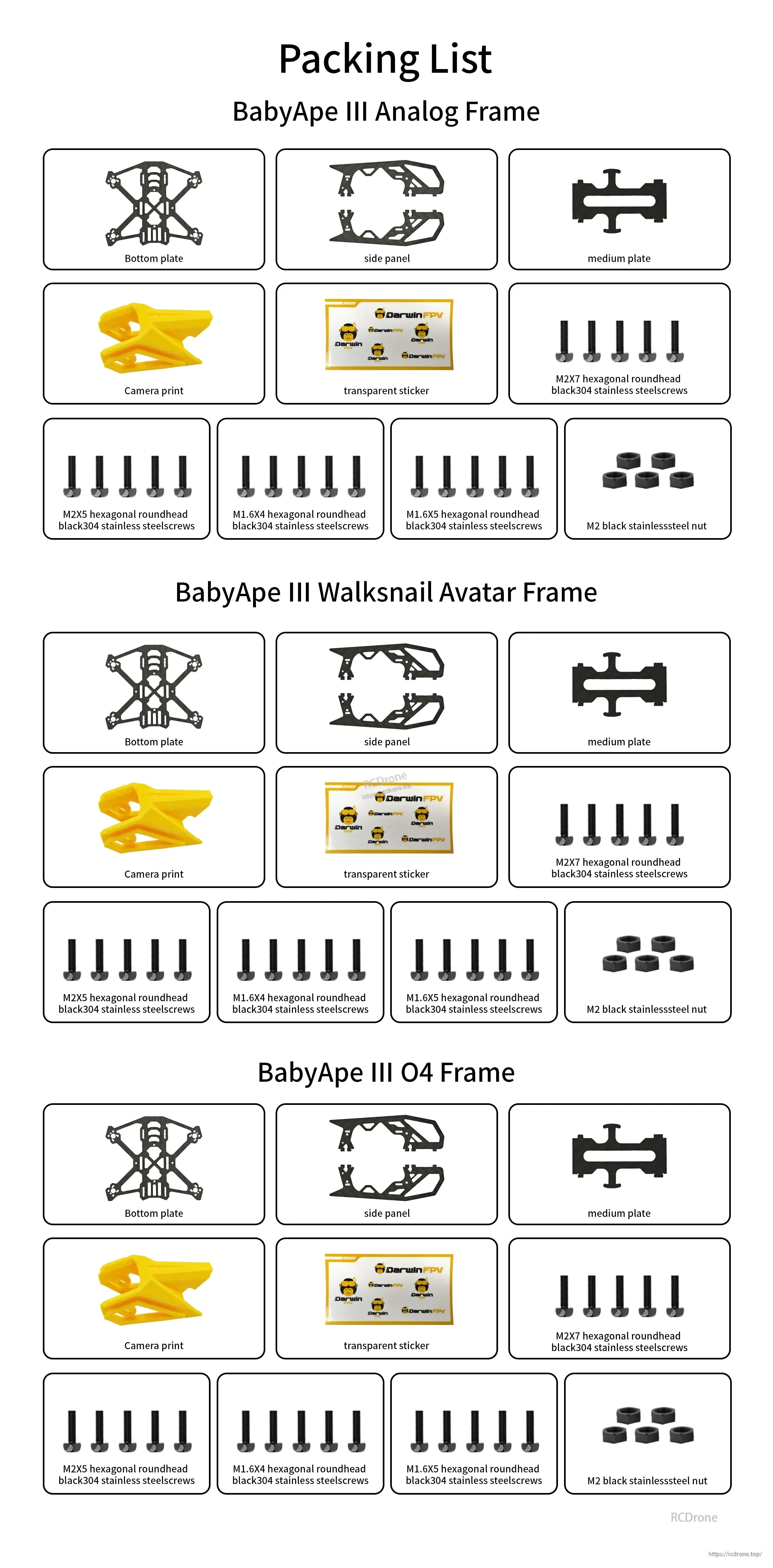 DarwinFPV BabyApe III frame packing list for analog, Walksnail Avatar, and DJI O4 versions with hardware
