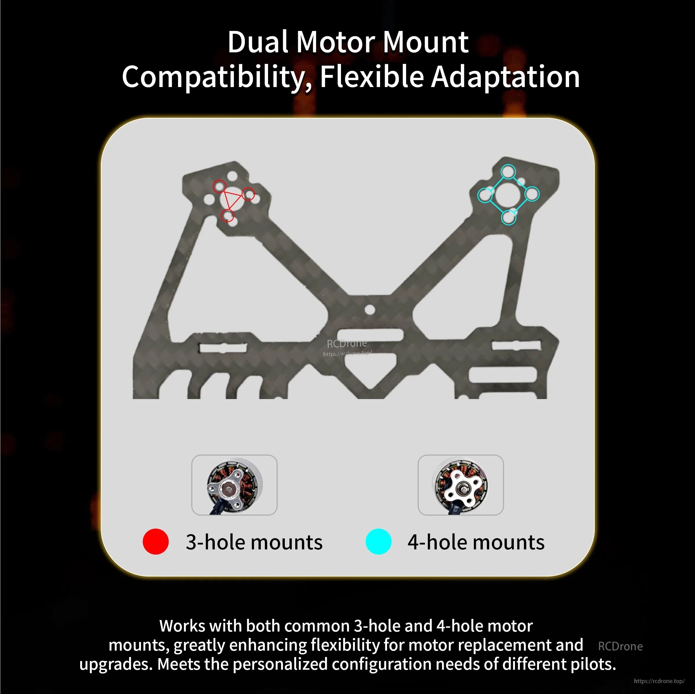 Motor mount compatibility on BabyApe III frame arms supporting both 3-hole and 4-hole motor patterns