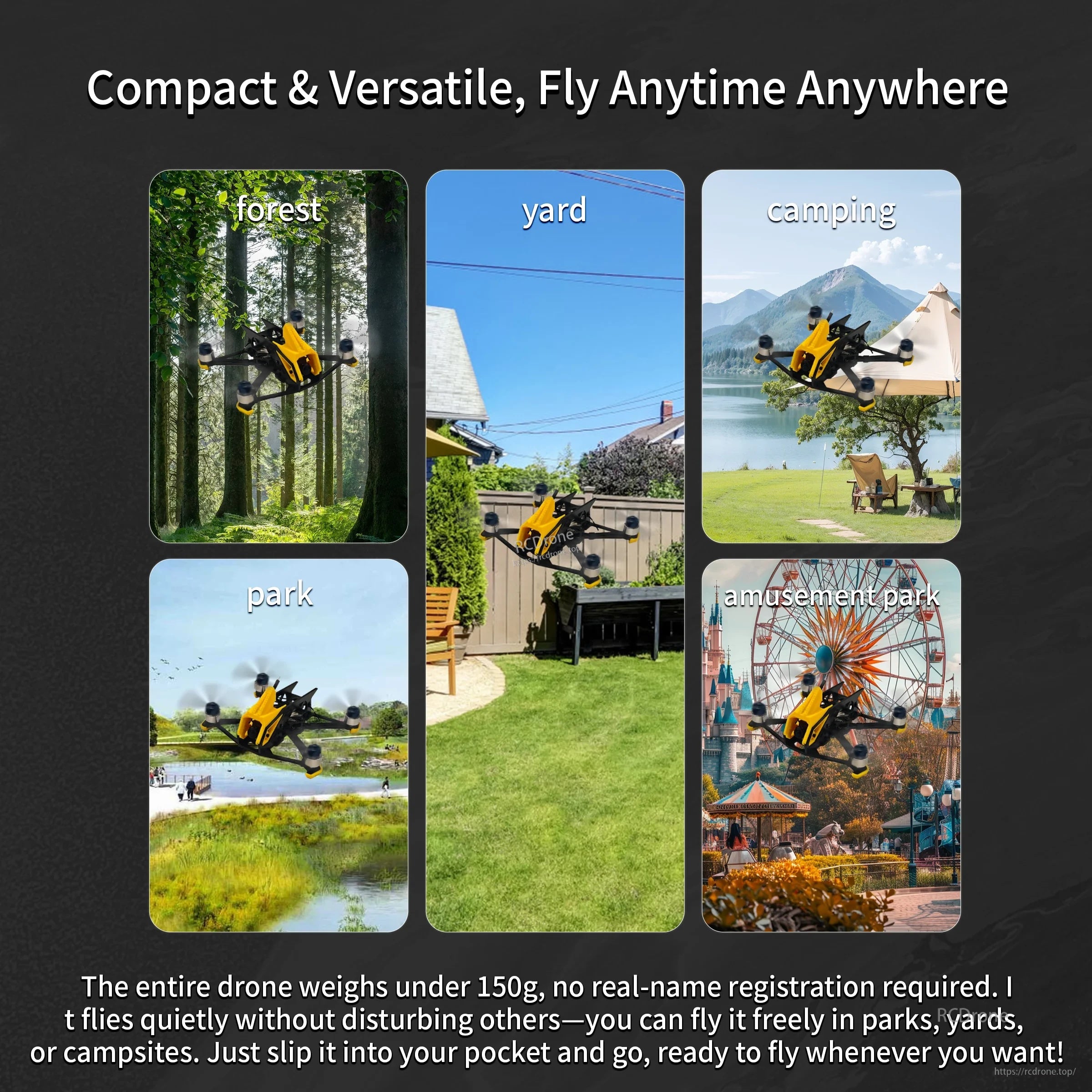 BabyApe III micro FPV drone flying in forest, yard, park, camping and amusement park lifestyle scenes