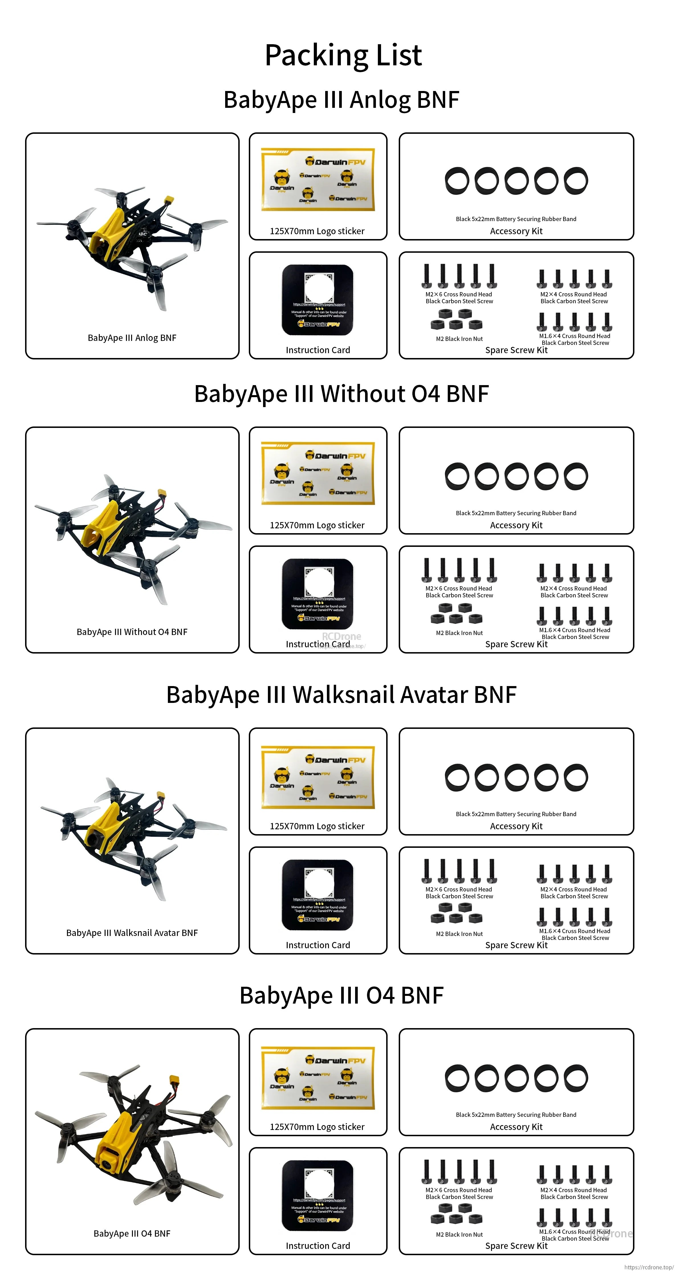 BabyApe III packing list showing included parts and accessories for each version (Analog, Without O4, Walksnail, O4)
