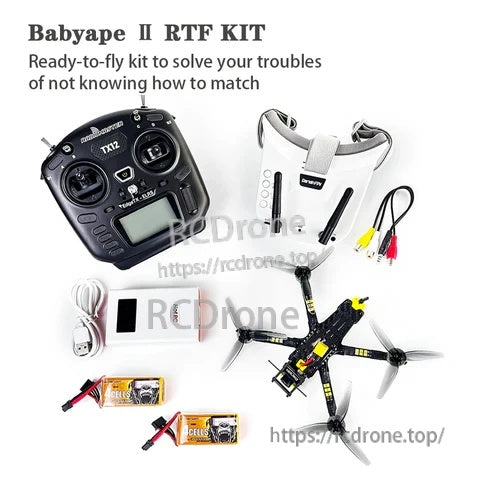 DarwinFPV BabyApe II RTF kit with BabyApe II drone, TX12 Mark II radio, VR009 FPV goggles, batteries and charger