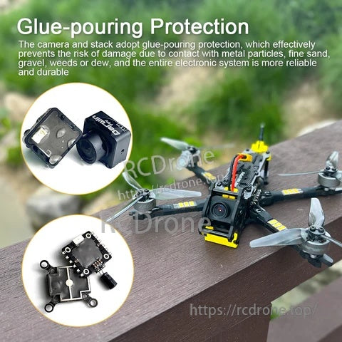 BabyApe II drone with glue-pouring protection callouts for camera and electronics stack against dust and debris