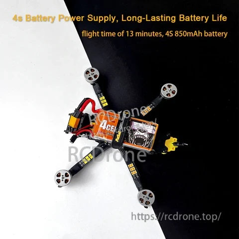 BabyApe II with 4S battery installed, highlighting 4S 850mAh battery power supply and long-lasting flight time text