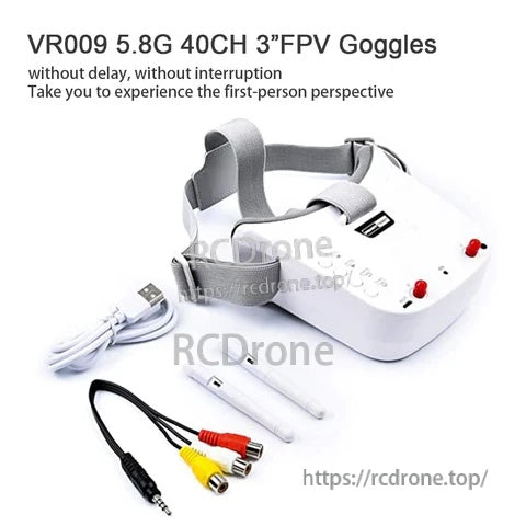 VR009 5.8G 40CH 3-inch FPV goggles/monitor with dual antennas, USB cable, and AV adapter lead
