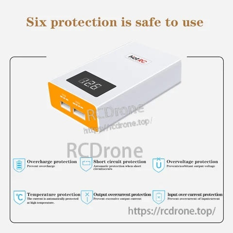 Hotrc A400 balance charger with digital display and six safety protections listed below