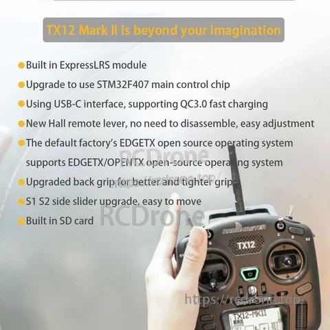 RadioMaster TX12 Mark II transmitter in hand with on-image feature list including built-in ExpressLRS module and Hall gimbals