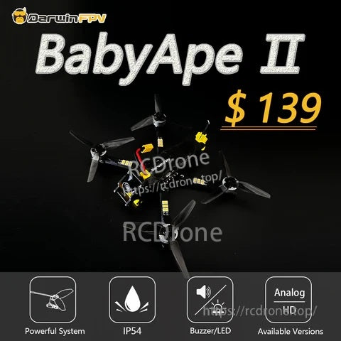 DarwinFPV BabyApe II analog FPV drone top view with 3.5-inch props and feature icons for IP54, buzzer/LED