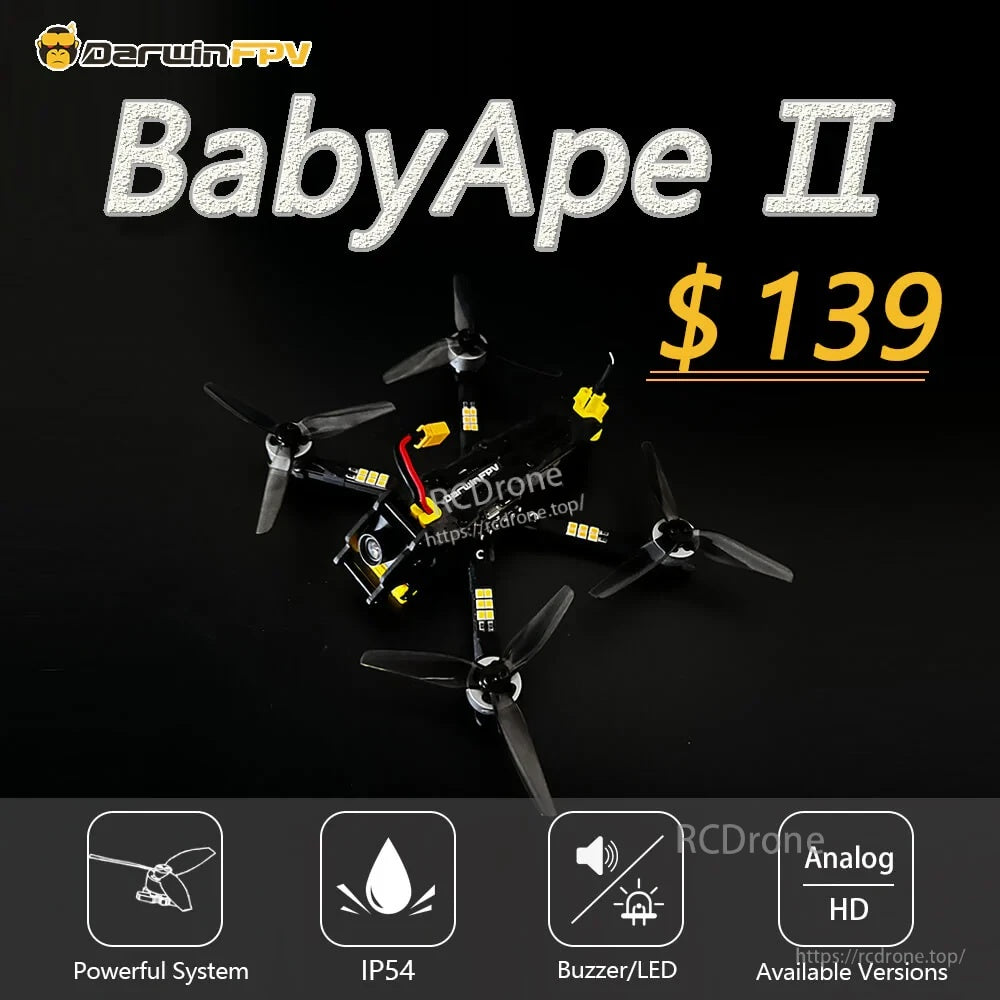 DarwinFPV BabyApe II 3.5-inch freestyle FPV drone overview with key features (IP54, buzzer/LED, analog HD)