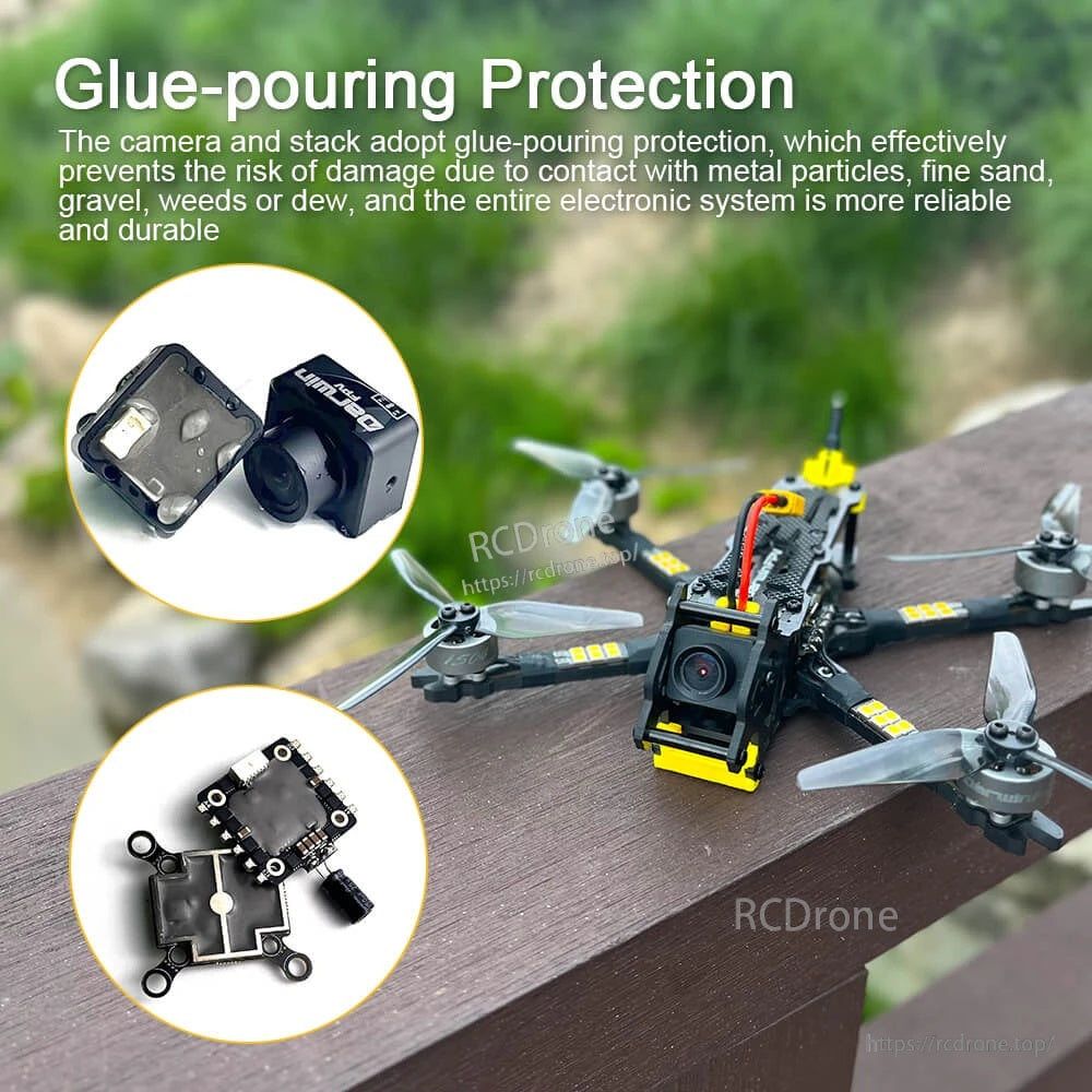 Glue-pouring protection callout for the camera and stack on the BabyApe II quad, with outdoor build view