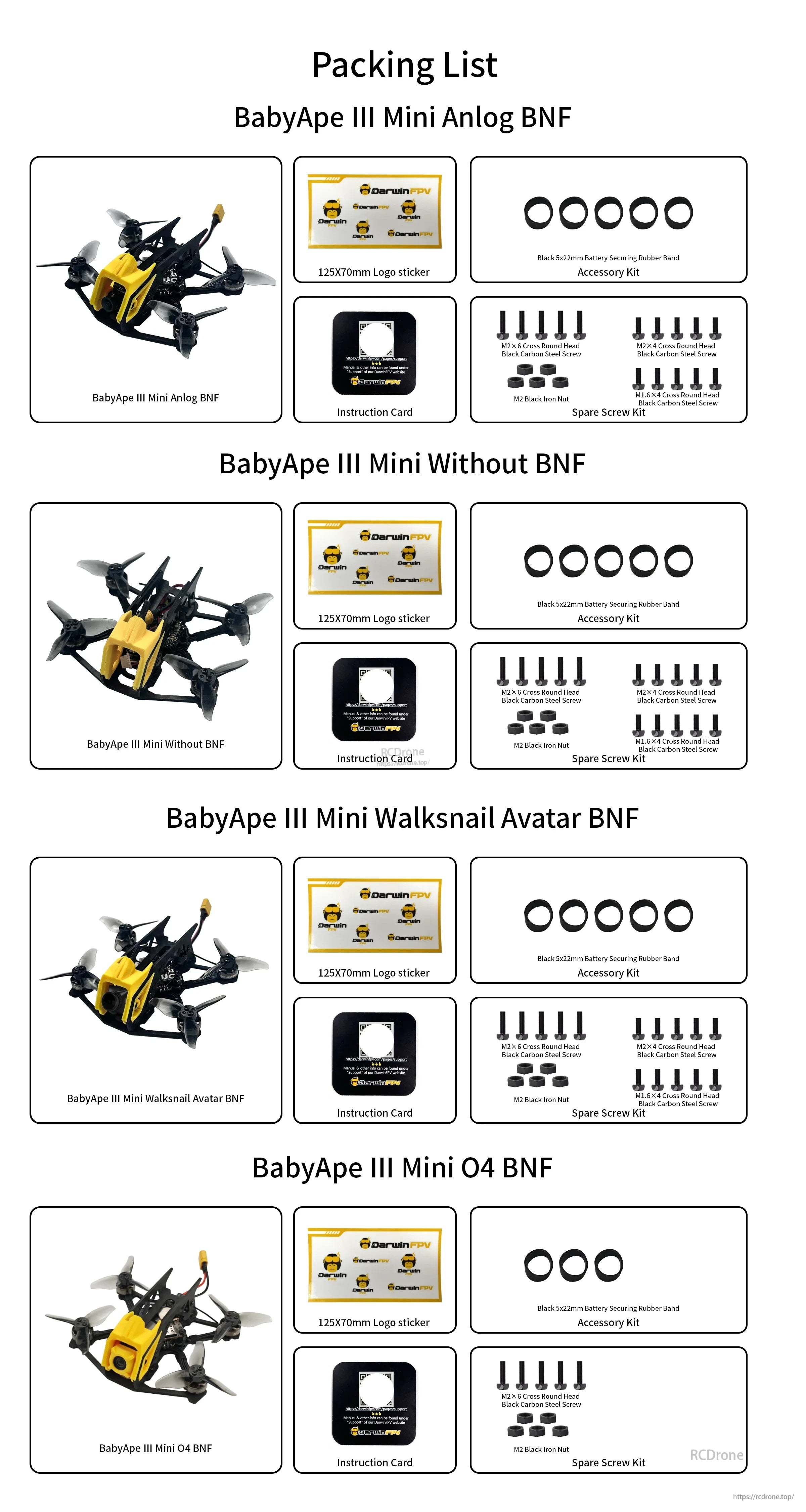 Packing list chart for BabyApe III Mini variants with included accessories and hardware sets