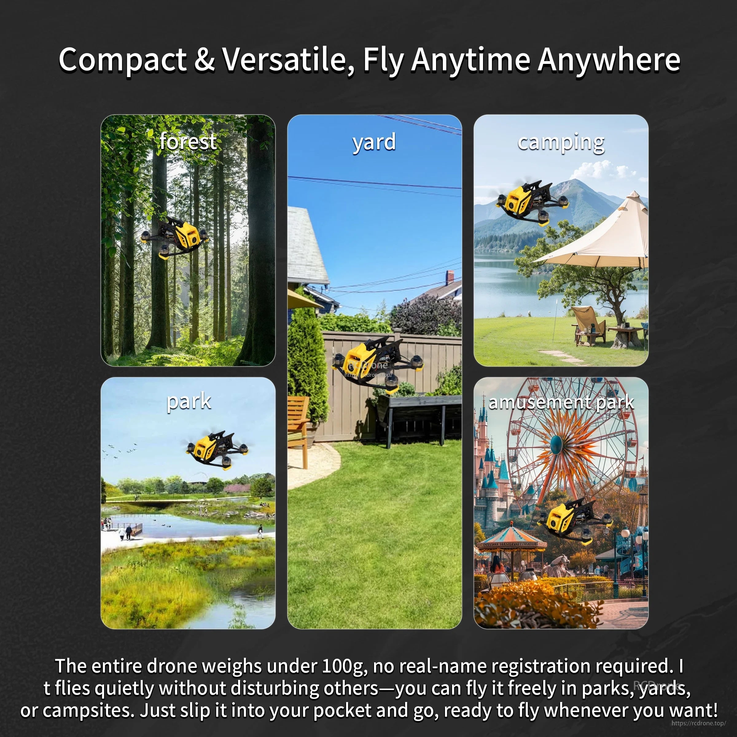 Lifestyle graphic promoting compact BabyApe III Mini 2-inch FPV build for flying in forest, yard, park, and camping areas