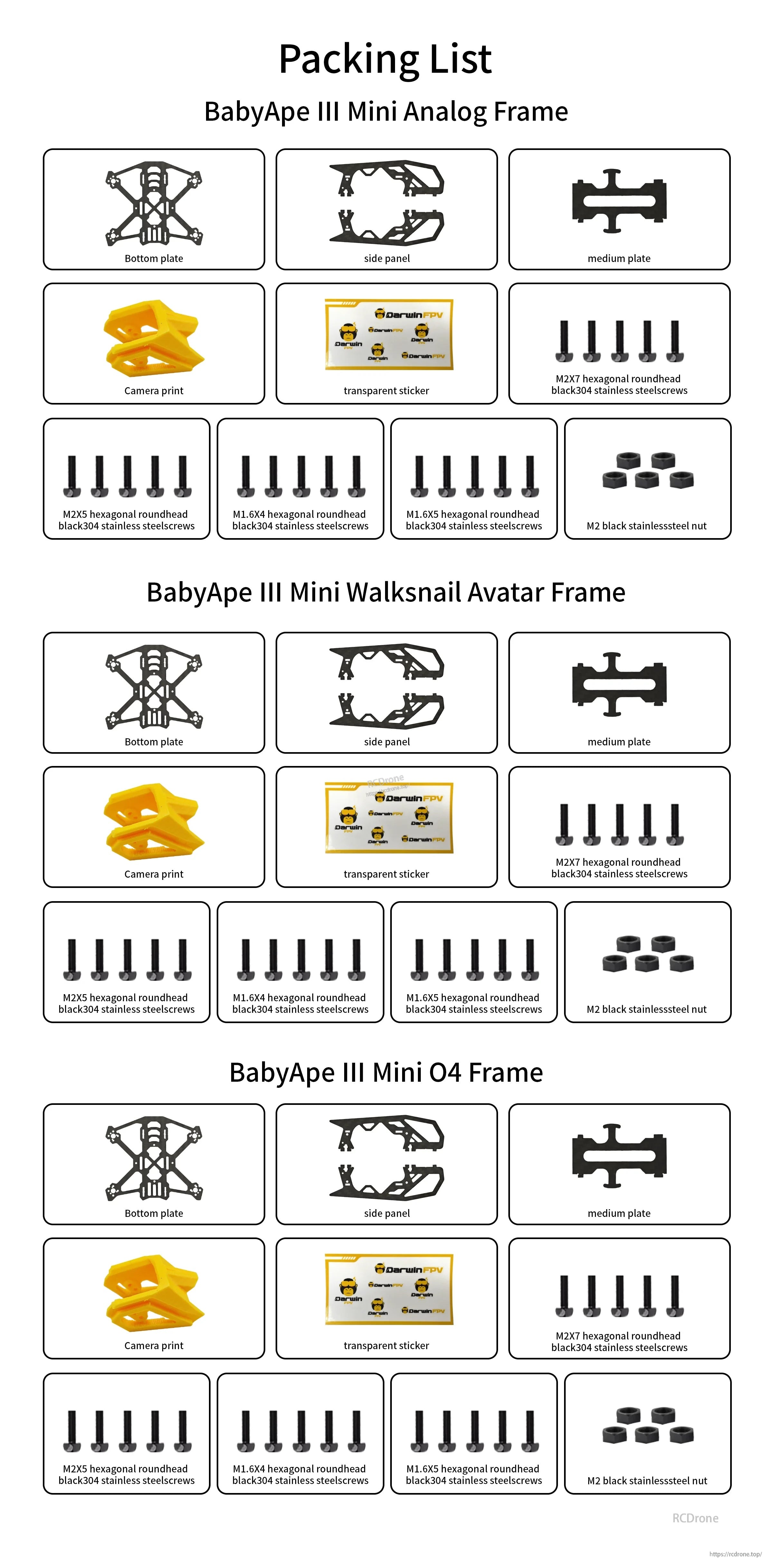 Packing list for DarwinFPV BabyApe III Mini frame kits, including plates, side panels, camera parts, TPU pieces, stickers, and screw sets