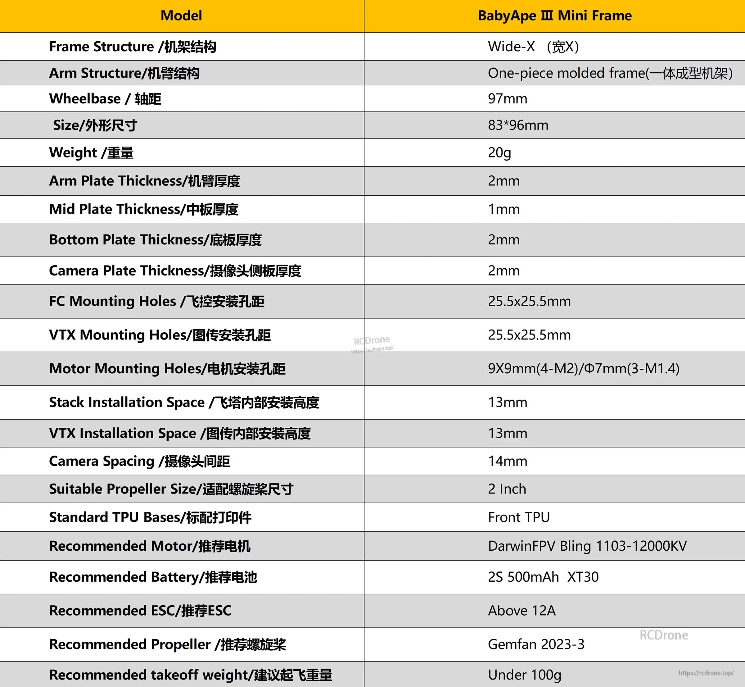 BabyApe III Mini frame specifications table listing 97mm wheelbase, 20g weight, 83×96mm size, and 25.5×25.5mm mounting holes